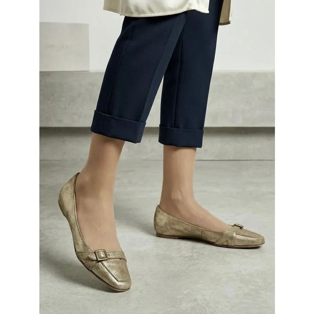 JIMMY CHOO Women’s 6.5 Metallic Gold Coarse Suede Loafers Shoes